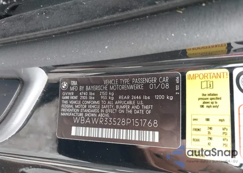 2008 BMW 328I из США, поврежденный, VIN WBAWR33528P151768